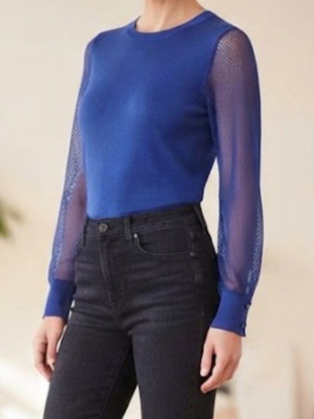 Vince Camuto Royal Blue Mesh Long-Sleeve Top, Size S